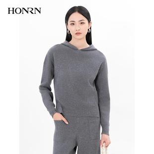 红人宽松显瘦深灰色连帽羊毛衣针织衫 HONRN 上衣女秋冬HH55OM228