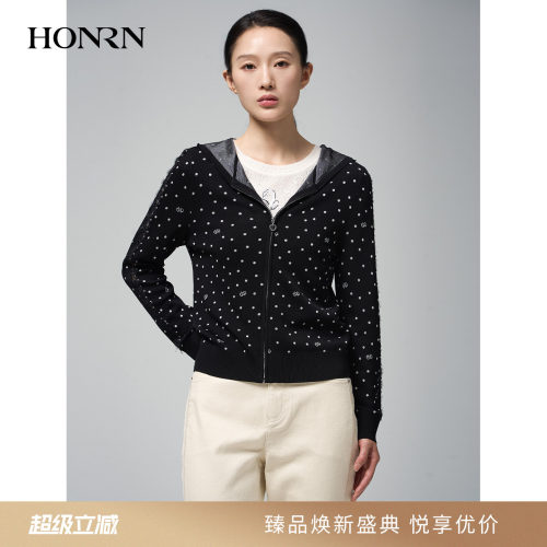 红人连帽黑白波点针织拉链开衫