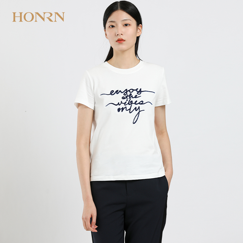 HONRN/红人新款白色宽松纯棉短袖圆领正肩t恤女夏显瘦套头衫上衣