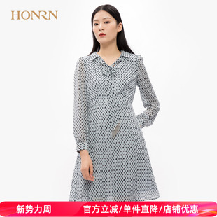 裙子HH19OL122 收腰印花a字连衣裙女春秋中长款 HONRN 红人减龄修身