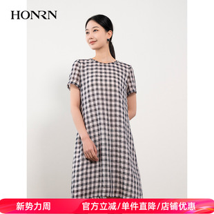 HONRN HH22OL625 红人格纹印花裙子遮肚子显瘦直筒连衣裙女夏季