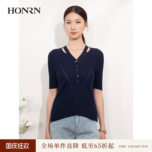 HONRN/红人v领开叉薄款针织衫