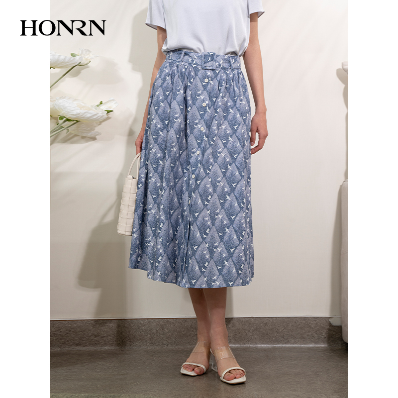 HONRN/红人蓝色印花腰带收腰显瘦a字长裙子半身裙女夏HI22OQ601