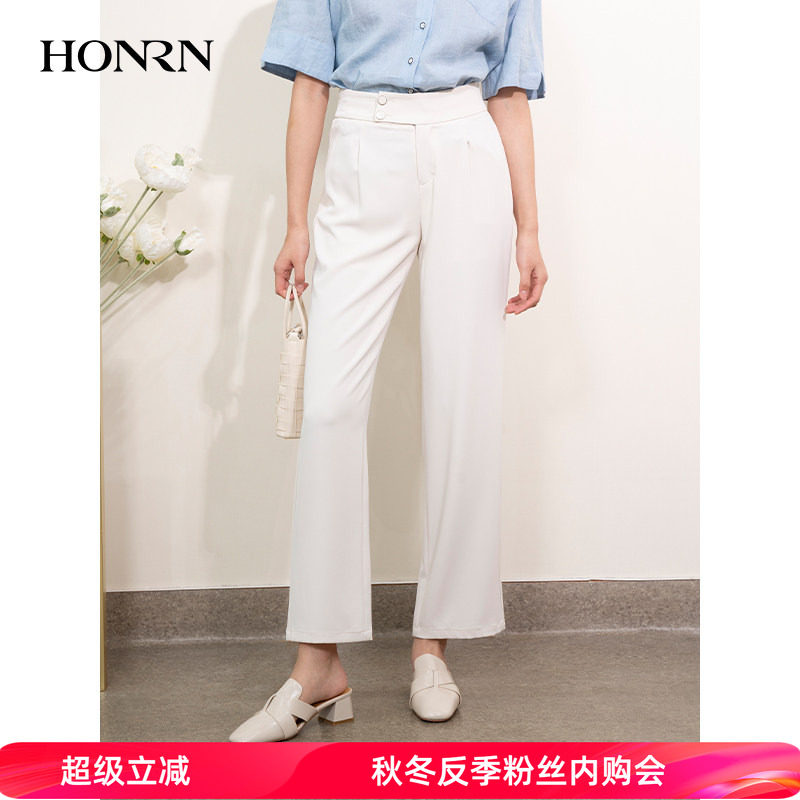 HONRN/红人白色宽松显瘦薄款阔腿休闲裤直筒垂感女夏季HI22OK210