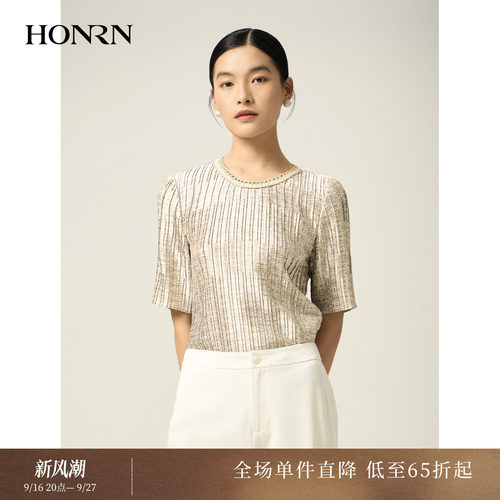 HONRN/红人印花压褶短袖衬衫上衣