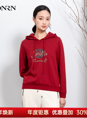 HONRN/红人修身连帽套头红色羊毛衣针织卫衣上衣女秋冬HI55SY728