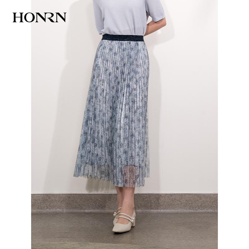 HONRN/红人印花松紧腰a字网纱长裙子百褶半身裙女夏季款HI22OQ992