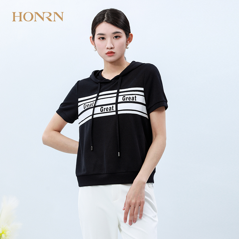 HONRN/红人时尚宽松休闲薄款短袖连帽套头针织衫上衣t恤女夏季