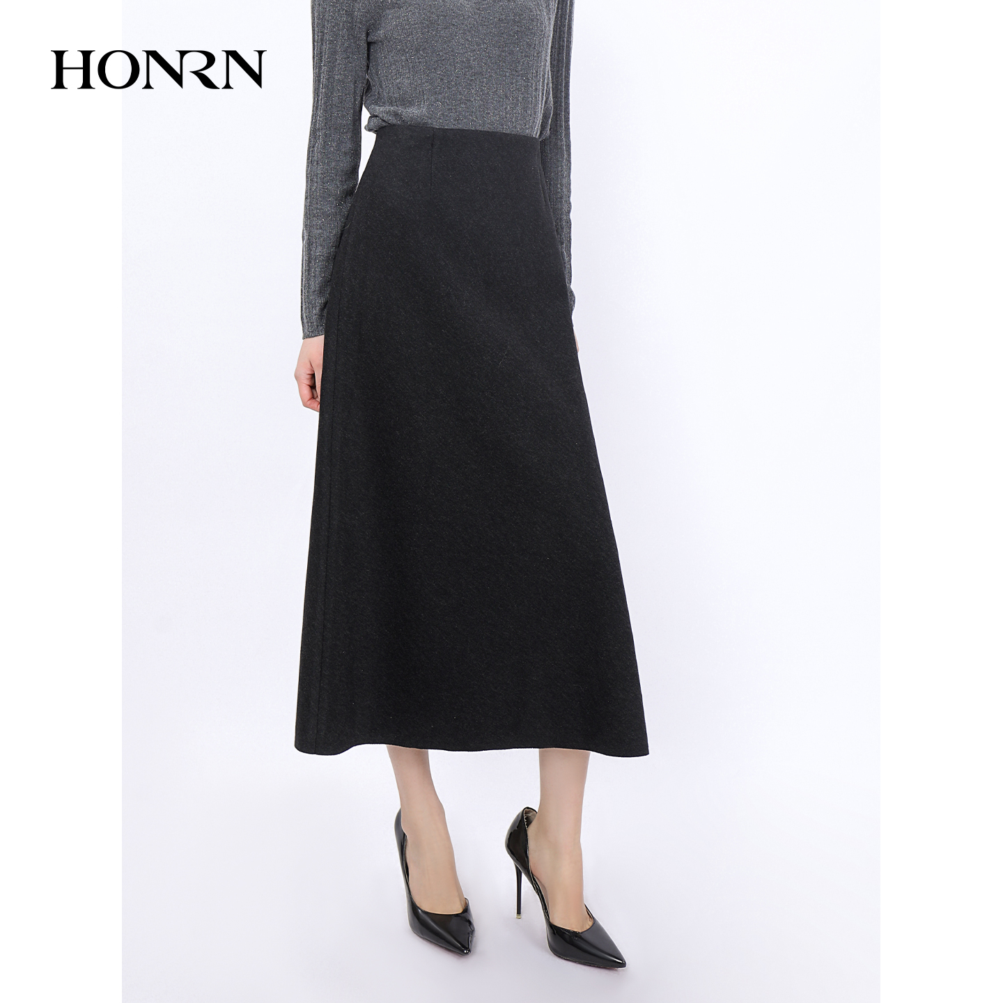 HONRN/红人修身a字毛呢半身裙