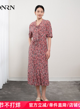 HONRN/红人红色长裙子小众设计感收腰显瘦连衣裙女夏季HH22OL974