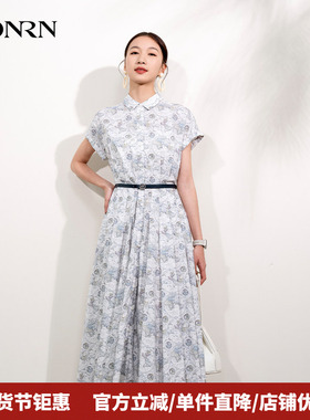 HONRN/红人优雅印花中长短袖收腰显瘦a字腰带连衣裙女夏HI22OL451