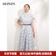 HONRN 红人优雅印花中长短袖 收腰显瘦a字腰带连衣裙女夏HI22OL451