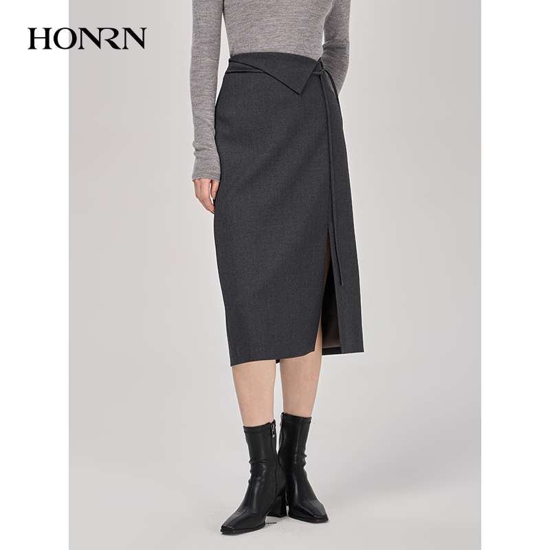 HONRN/红人气质三角翻折长裙子侧开叉显瘦半身裙女秋冬HI59OQ543