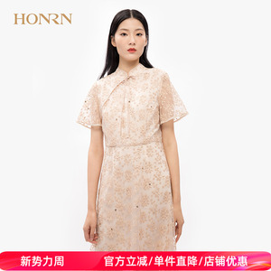 HONRN/红人旗袍蕾丝a字收腰碎花新中式连衣裙女夏中长裙HH29OL149