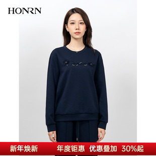 HK39SY030 圆领套头卫衣上衣女春秋款 HONRN 红人宽松显瘦蓝色长袖