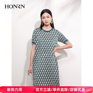 印花连衣裙女夏HI22OL496 圆领短袖 HONRN 红人宽松遮肉显瘦中长款