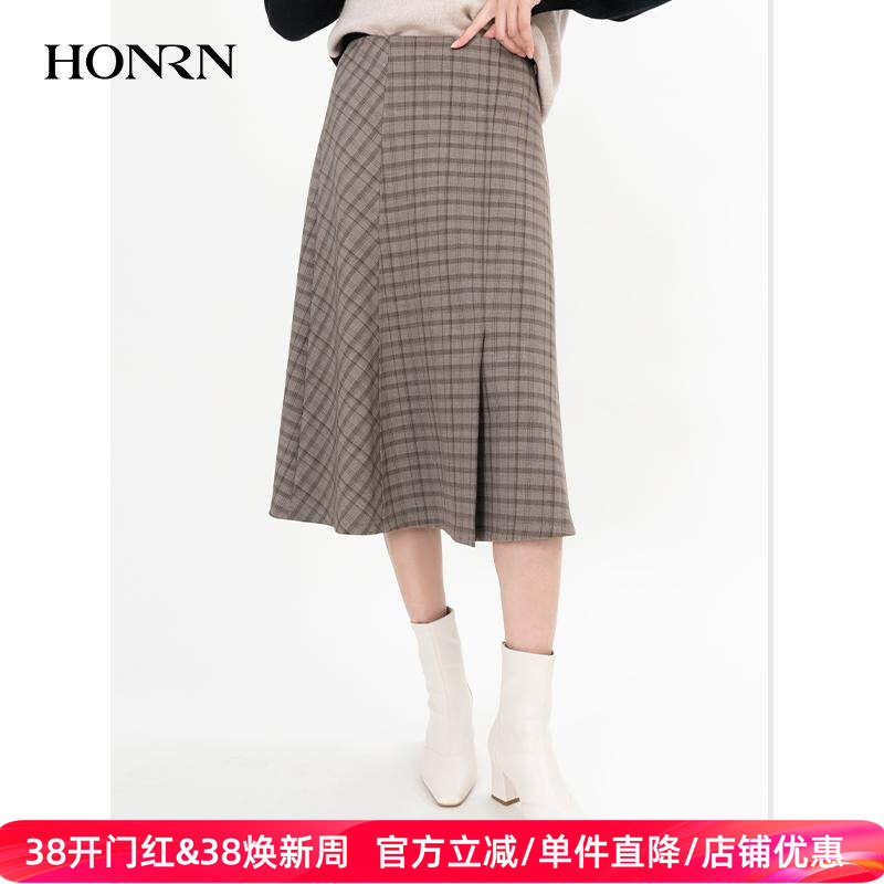 HONRN/红人时尚拼接格纹格子裙子a字半身裙长款女秋冬款HH55OQ261