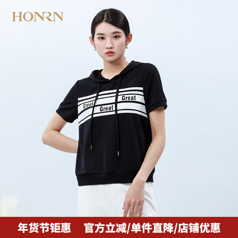 HONRN/红人时尚宽松休闲薄款短袖连帽套头针织衫上衣t恤女夏季