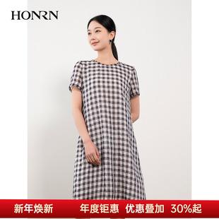 HONRN HH22OL625 红人格纹印花裙子遮肚子显瘦直筒连衣裙女夏季