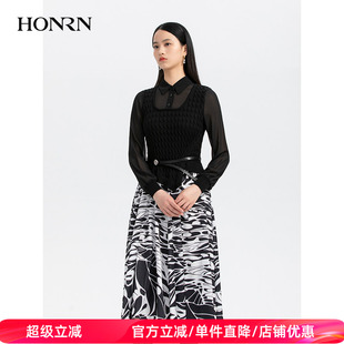 HONRN/红人气质假两件裙子黑白色长袖连衣裙春秋款女HH33OL282
