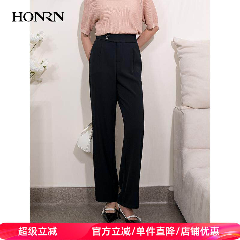 HONRN/红人黑色宽松阔腿直筒西装裤休闲裤女夏季长款裤HI22OK208