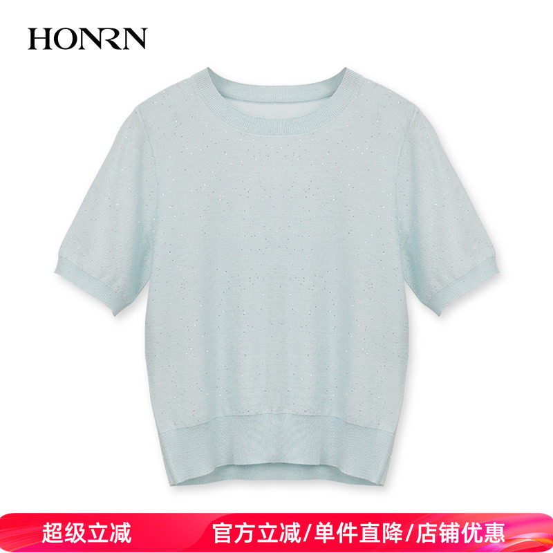 HONRN/红人宽松显瘦短袖薄款圆领套头针织衫上衣女夏HK29OM014