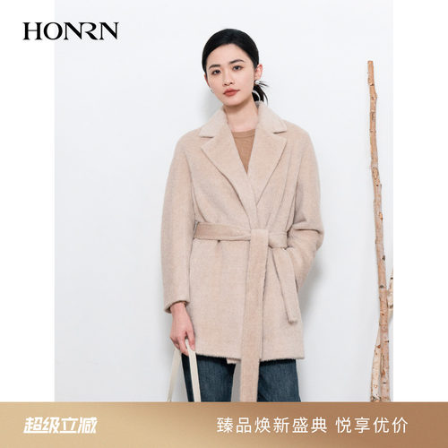 HONRN/红人系带羊驼毛羊毛呢大衣