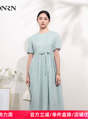 HONRN/红人绿色减龄系带收腰显瘦a字圆领短袖连衣裙女夏HI22OL404