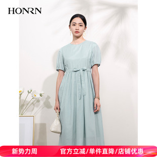 HONRN 连衣裙女夏HI22OL404 红人绿色减龄系带收腰显瘦a字圆领短袖