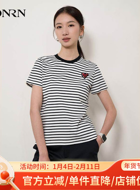 HONRN/红人黑白撞色条纹短袖圆领正肩纯棉t恤上衣女春秋HI11SY219