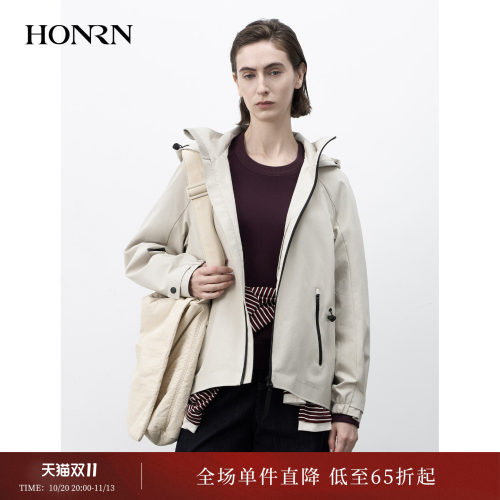 红人米灰连帽宽松短款棉风衣女秋