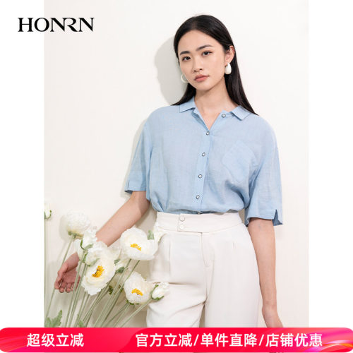 HONRN/红人休闲短袖亚麻衬衫上衣