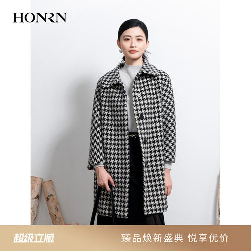 HONRN/红人千鸟格羊驼毛羊毛大衣