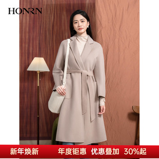 HONRN 红人系带双面桑蚕丝真丝羊毛呢子大衣外套女秋冬HI55OD914