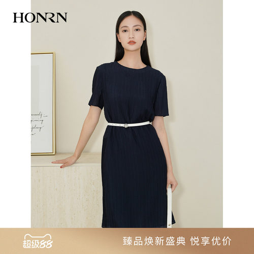 红人夏季短袖褶皱直筒连衣裙