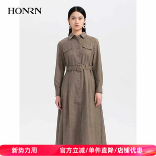 HONRN 收腰显瘦a字连衣裙女春秋HH33OL274 红人千鸟格纹长裙子修身