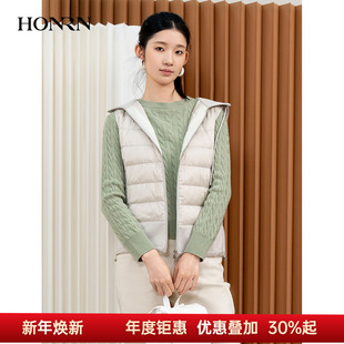 HI55YR094 女短款 HONRN 红人轻薄连帽白鸭绒拼接棉羽绒服马甲冬季