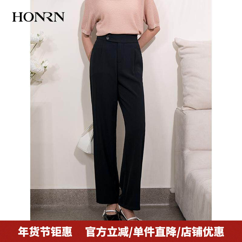 HONRN/红人黑色宽松阔腿直筒西装裤休闲裤女夏季长款裤HI22OK208