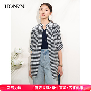HI22OC510 女上衣夏季 HONRN 红人宽松休闲桑蚕真丝棉格子立领衬衫