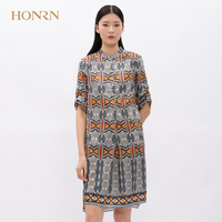 HONRN/红人新款时尚修身印花雪纺七分袖衬衫连衣裙女夏中长款裙子