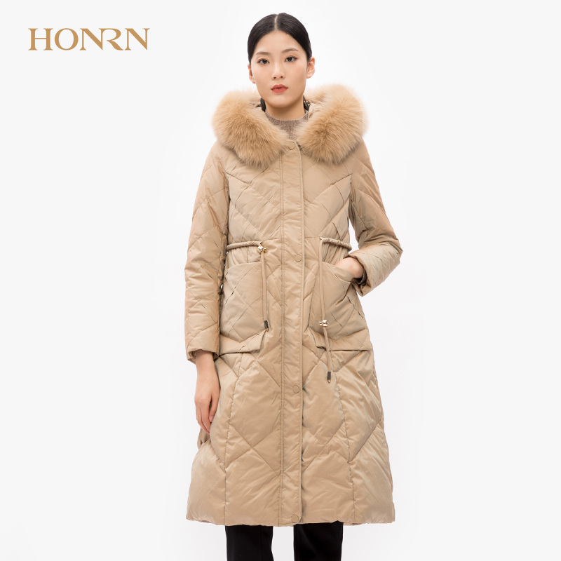 红人大毛领连帽白女冬中抽绳收腰