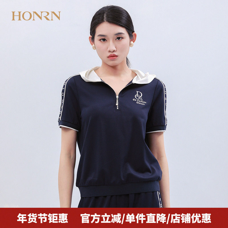 HONRN/红人藏蓝色修身薄款短袖连帽带帽套头针织衫上衣t恤女夏季