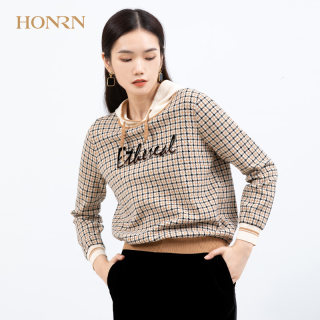 HONRN/红人休闲时尚宽松显瘦格纹长袖套头连帽针织衫上衣女春秋款