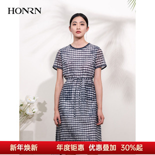 HONRN 红人桑蚕丝真丝棉系带收腰显瘦圆领a字连衣裙女夏HI22OL729