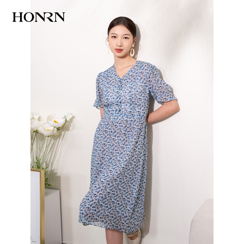 HONRN/红人气质短袖v领桑蚕丝真丝显瘦a字连衣裙女夏HI22OL607