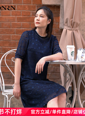 HONRN/红人蓝色裙子遮肉显瘦波点印花短袖连衣裙女夏HK29OL023