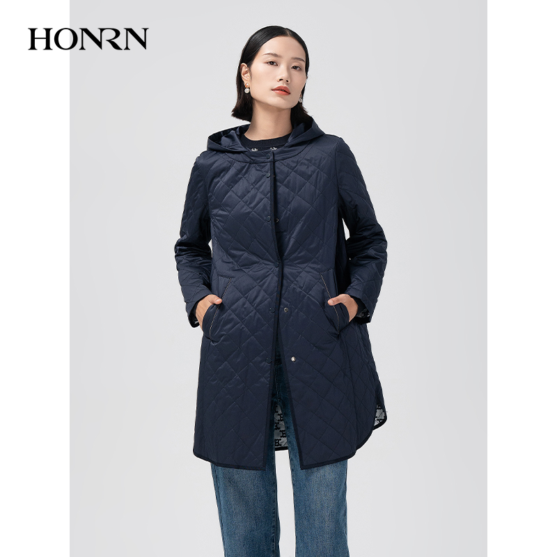 HONRN/红人休闲中长款宽松轻薄连帽棉衣棉服外套女冬季HG55MA269