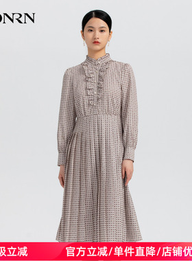 HONRN/红人气质印花长裙子长袖收腰显瘦a字连衣裙女春秋HH33OL278