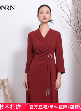 HONRN/红人气质红色修身收腰显瘦长袖秋冬飘带连衣裙女HI55OL198