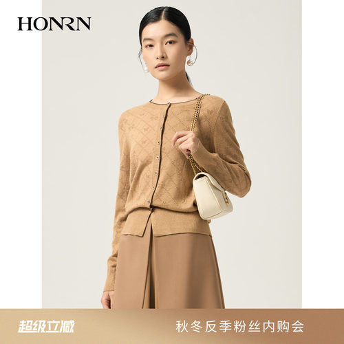 HONRN/红人菱形格镂空针织衫开衫